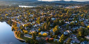 A scenic aerial view of the Gorge Waterway located in Victoria, British Columbia.
